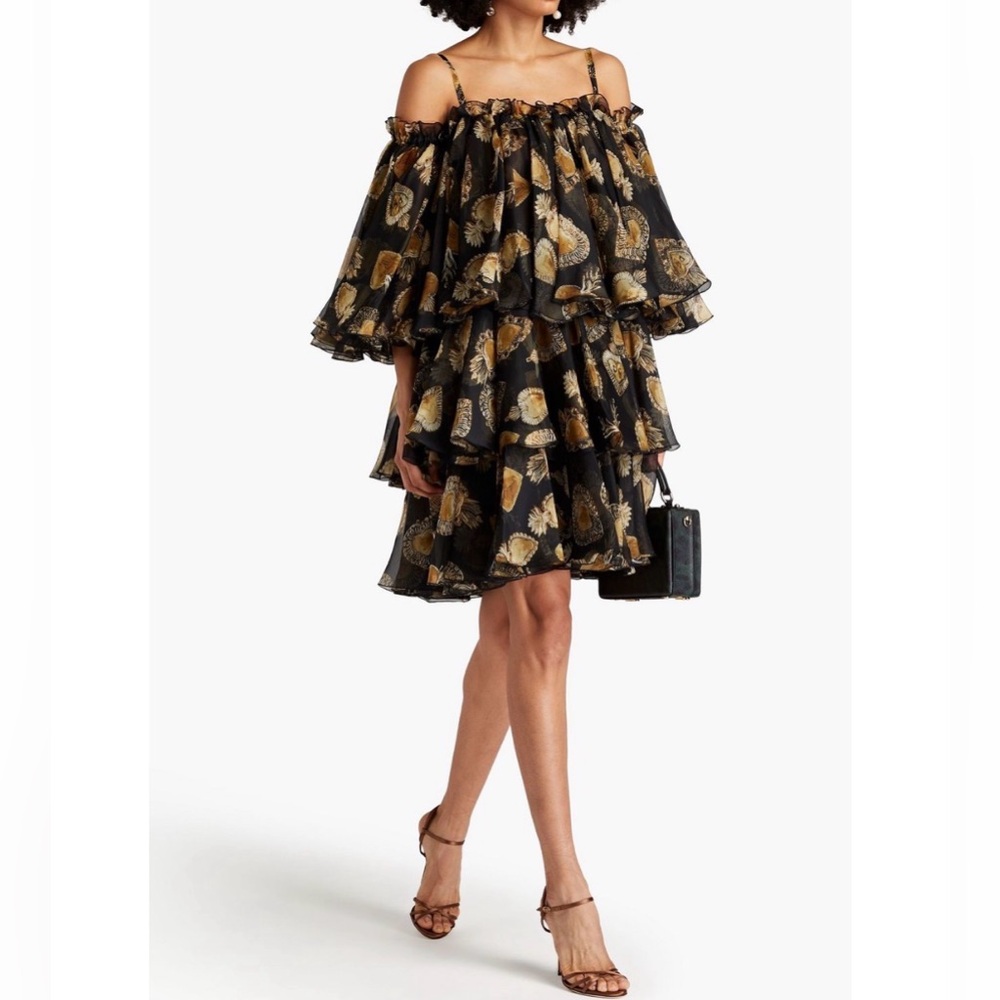 Dolce & Gabbana Black Off-Shoulder Tiered Mini with Gold Floral Print